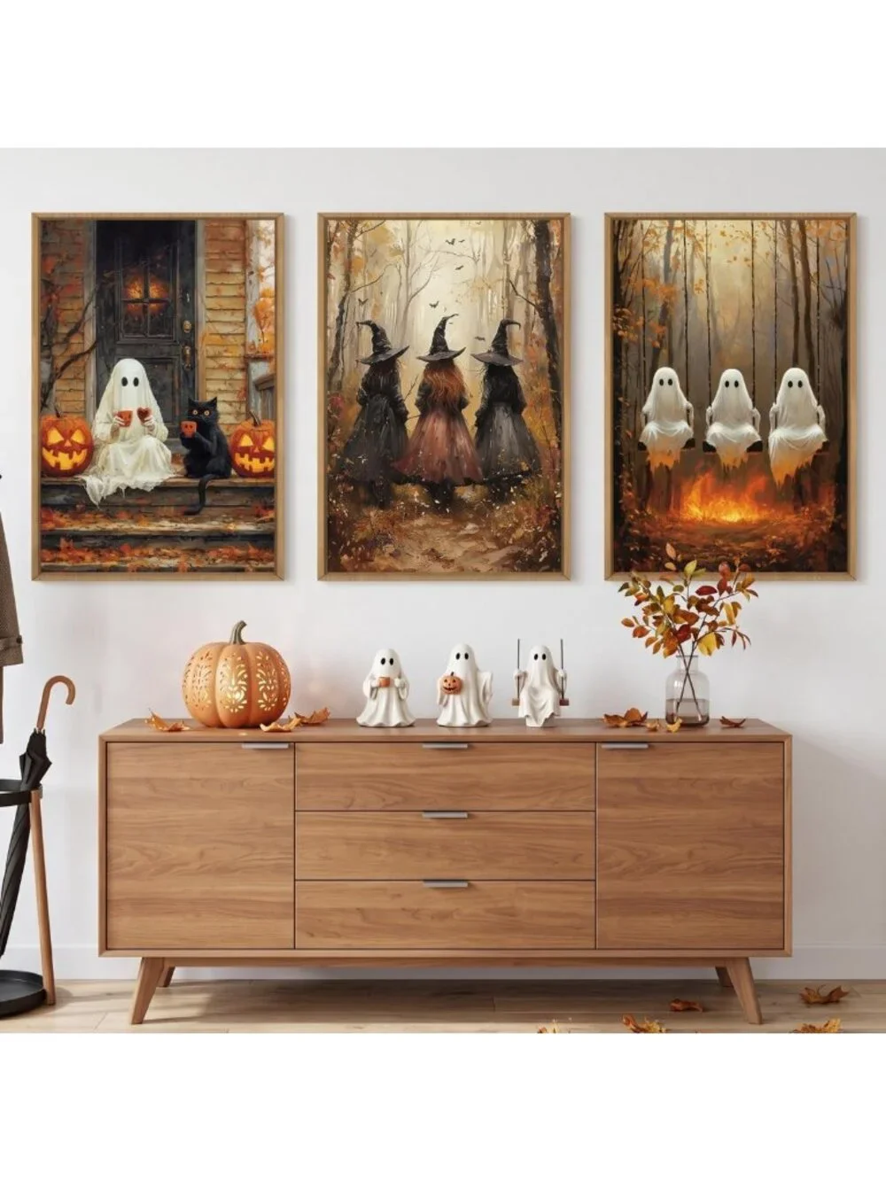 Spooky Halloween Wall Art Set of 3 - Dark Witch, Black Cat & Raven Prints